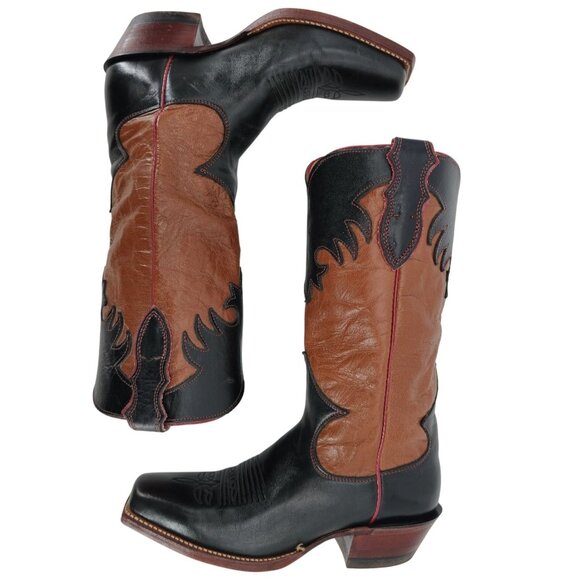 Vintage Justin Cowgirl Womens 7B Black Brown Cowboy Boots Western Square Toe - Picture 9 of 16